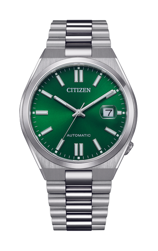 Front view of Citizen Tsuyosa Automatic Forest Green NJ0150-81X Green Dial Steel Stainless Steel Mens Watch on white background