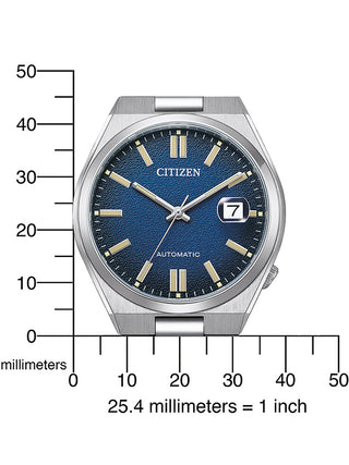 Angle shot of Citizen Tsuyosa Automatic Blue NJ0151-88L Blue Dial Silver Stainless Steel Unisex Watch on white background