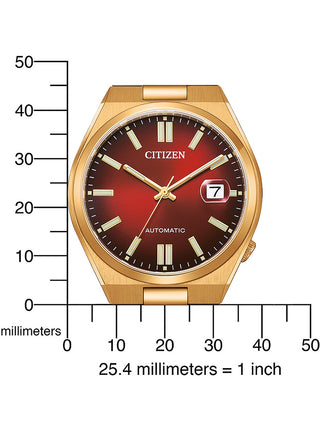 Angle shot of Citizen Tsuyosa Automatic Red NJ0153-82X Red Dial Rose Gold Stainless Steel Unisex Watch on white background