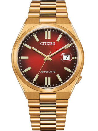 Front view of Citizen Tsuyosa Automatic Red NJ0153-82X Red Dial Rose Gold Stainless Steel Unisex Watch on white background