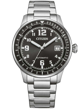 Front view of Citizen NJ0190-51E Black Dial Silver Stainless Steel Unisex Watch on white background