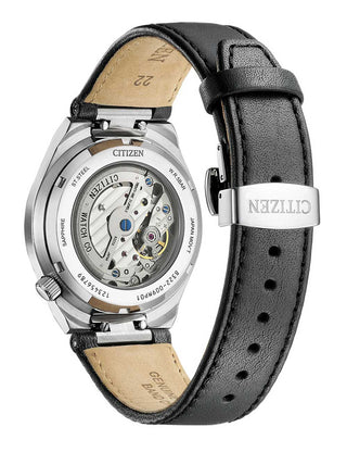 Angle shot of Citizen NK5010-01H Grey Dial Black Leather Unisex Watch on white background