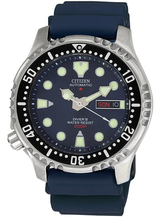 Front view of Citizen Automatic Divers Promaster NY0040-17LE Blue Rubber Mens Watch on white background