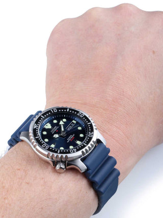 Angle shot of Citizen Automatic Divers Promaster NY0040-17LE Blue Rubber Mens Watch on white background