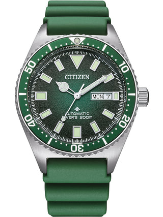 Front view of Citizen NY0121-09XE Green Silicone Unisex Watch on white background