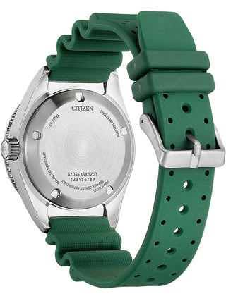 Angle shot of Citizen NY0121-09XE Green Silicone Unisex Watch on white background