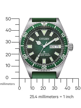 Angle shot of Citizen NY0121-09XE Green Silicone Unisex Watch on white background