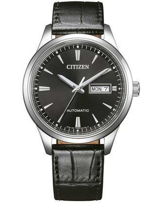 Front view of Citizen NY4058-01EE Black Leather Unisex Watch on white background