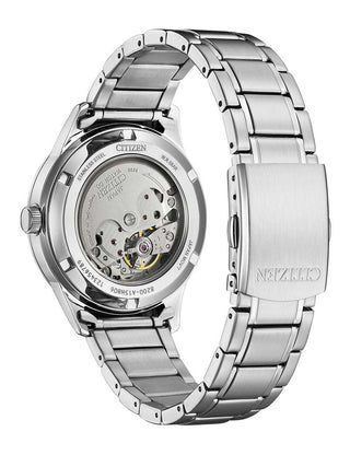 Angle shot of Citizen NY4058-79LE Blue Dial Silver Stainless Steel Unisex Watch on white background