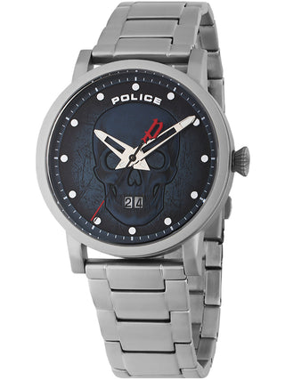 Front view of Police PL15404JS.03MA Blue Dial Silver Stainless Steel Unisex Watch on white background