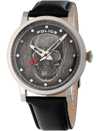 Front view of Police Collin PL15404JS.57 Grey Dial Black Leather Unisex Watch on white background