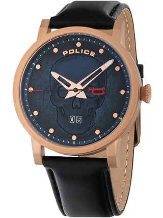 Front view of Police PL15404JSR.03 Blue Dial Black Leather Unisex Watch on white background