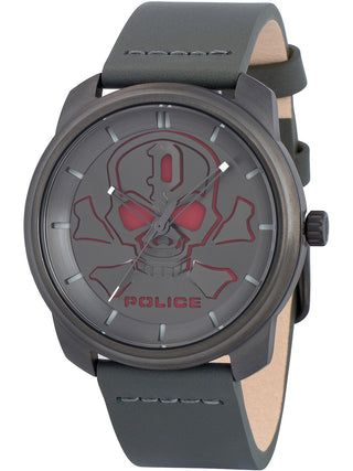 Front view of Police PL15714JSU.61 Grey Leather Unisex Watch on white background