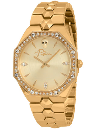 Front view of Police PL16038BSG.22M Gold Stainless Steel Womens Watch on white background