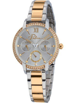 Front view of Police PL16043BSTG.04M Silver Dial Gold Stainless Steel Womens Watch on white background