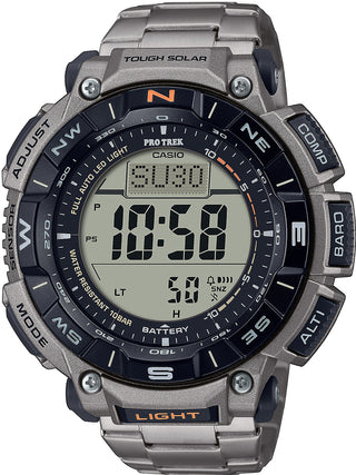 Front view of Casio Pro-Trek PRG-340T-7ER Black Dial Grey Titanium Mens Watch on white background