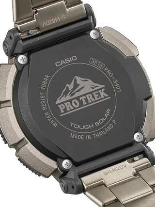 Angle shot of Casio Pro-Trek PRG-340T-7ER Black Dial Grey Titanium Mens Watch on white background