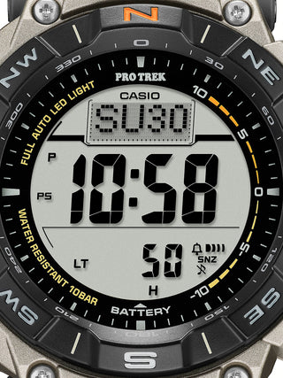 Angle shot of Casio Pro-Trek PRG-340T-7ER Black Dial Grey Titanium Mens Watch on white background