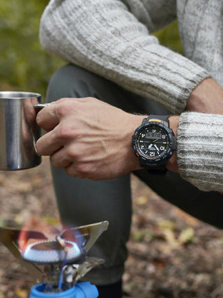 Angle shot of Casio Pro-Trek PRT-B50-1ER Grey Dial Black Resin Mens Watch on white background