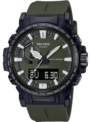 Front view of Casio Pro-Trek PRW-61Y-3ER Green Resin Mens Watch on white background