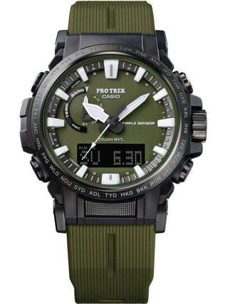 Angle shot of Casio Pro-Trek PRW-61Y-3ER Green Resin Mens Watch on white background