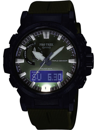 Angle shot of Casio Pro-Trek PRW-61Y-3ER Green Resin Mens Watch on white background