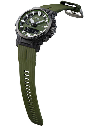 Angle shot of Casio Pro-Trek PRW-61Y-3ER Green Resin Mens Watch on white background