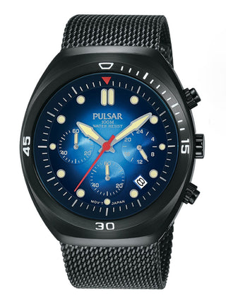 Front view of Pulsar Chronograph PT3951X2 Blue Dial Black Stainless Steel Unisex Watch on white background