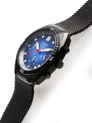 Angle shot of Pulsar Chronograph PT3951X2 Blue Dial Black Stainless Steel Unisex Watch on white background