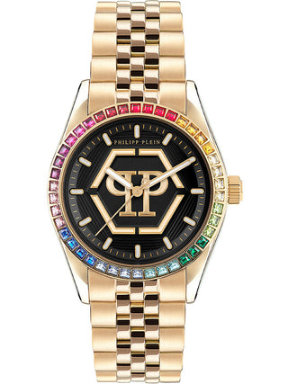 Front view of Philipp Plein PW2BA0623 Black Dial Gold Stainless Steel Womens Watch on white background