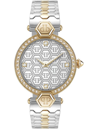 Front view of Philipp Plein PWEAA0521 Silver Dial Gold Stainless Steel Womens Watch on white background