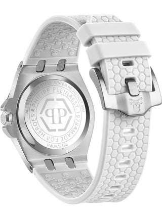 Angle shot of Philipp Plein PWJAA0122 Silver Dial White Silicone Womens Watch on white background