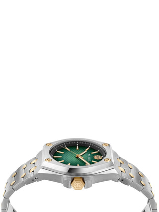 Angle shot of Philipp Plein PWPMA0224 Green Dial Gold Stainless Steel Unisex Watch on white background