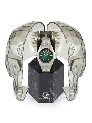 Angle shot of Philipp Plein PWPMA0224 Green Dial Gold Stainless Steel Unisex Watch on white background