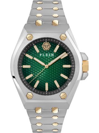 Front view of Philipp Plein PWPMA0224 Green Dial Gold Stainless Steel Unisex Watch on white background