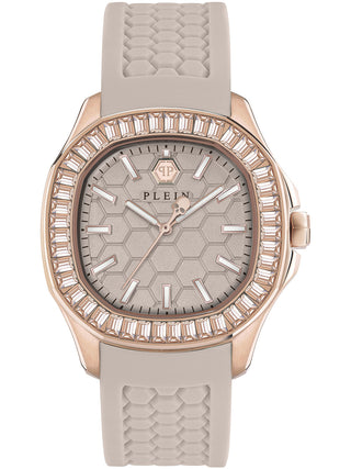 Front view of Philipp Plein PWTAA0423 Beige Silicone Womens Watch on white background