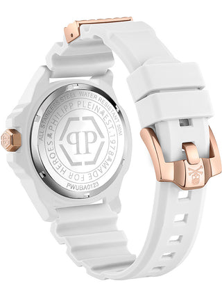 Angle shot of Philipp Plein PWUBA0123 White Silicone Unisex Watch on white background