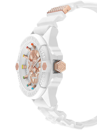 Angle shot of Philipp Plein PWUBA0123 White Silicone Unisex Watch on white background