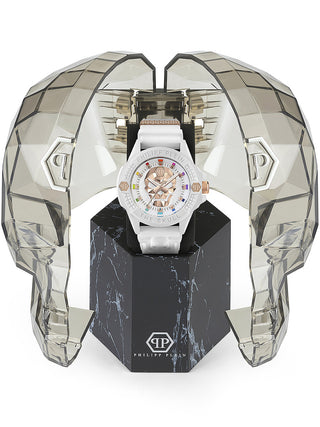 Angle shot of Philipp Plein PWUBA0123 White Silicone Unisex Watch on white background