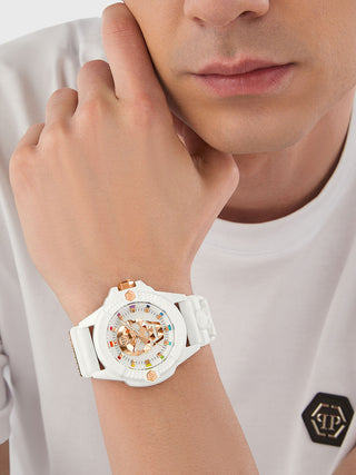 Angle shot of Philipp Plein PWUBA0123 White Silicone Unisex Watch on white background