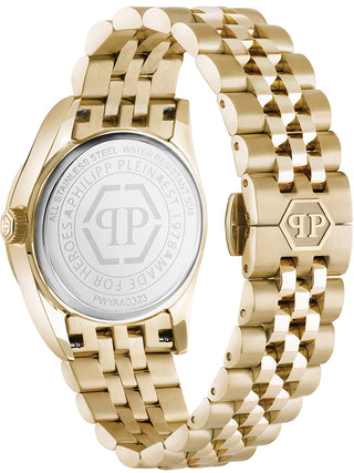 Angle shot of Philipp Plein PWYAA0323 Mother Of Pearl Dial Gold Stainless Steel Womens Watch on white background