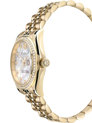 Angle shot of Philipp Plein PWYAA0323 Mother Of Pearl Dial Gold Stainless Steel Womens Watch on white background