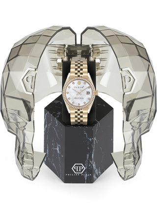 Angle shot of Philipp Plein PWYAA0323 Mother Of Pearl Dial Gold Stainless Steel Womens Watch on white background