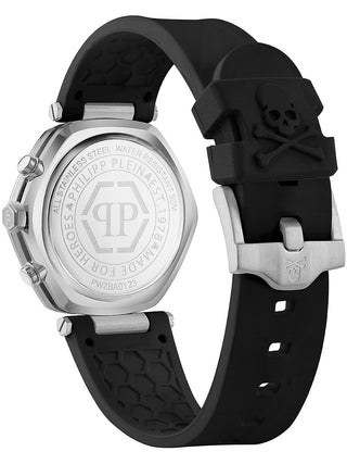 Angle shot of Philipp Plein Chronograph PWZBA0123 Silver Dial Black Silicone Unisex Watch on white background