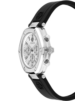 Angle shot of Philipp Plein Chronograph PWZBA0123 Silver Dial Black Silicone Unisex Watch on white background