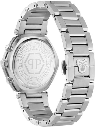 Angle shot of Philipp Plein Chronograph PWZBA0323 Blue Dial Silver Stainless Steel Unisex Watch on white background