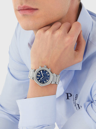 Angle shot of Philipp Plein Chronograph PWZBA0323 Blue Dial Silver Stainless Steel Unisex Watch on white background