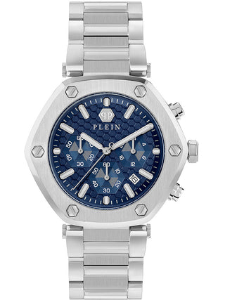 Front view of Philipp Plein Chronograph PWZBA0323 Blue Dial Silver Stainless Steel Unisex Watch on white background