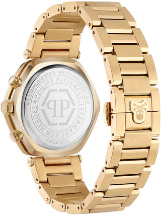 Angle shot of Philipp Plein Chronograph PWZBA0523 Gold Stainless Steel Unisex Watch on white background