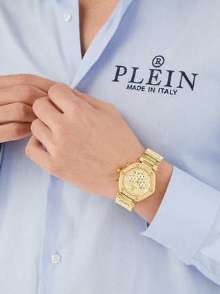 Angle shot of Philipp Plein Chronograph PWZBA0523 Gold Stainless Steel Unisex Watch on white background